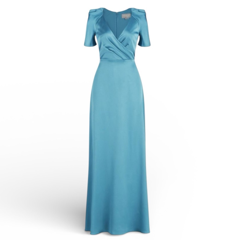 THEIA Marina V Neck Satin Gown Sea Glass NEW Size 4